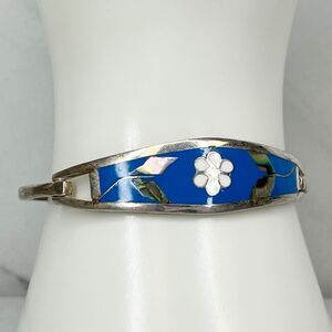 Vintage Mexico Silver Tone Blue Enamel Abalone Shell Flower Bangle ✨